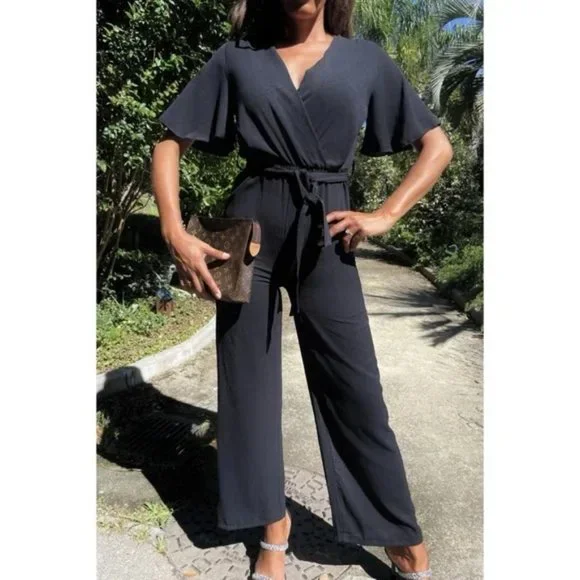 Black Short Sleeve V-Neck Loose Fit Wide Leg Jumpsuit Playsuit - Picture 9 of 10